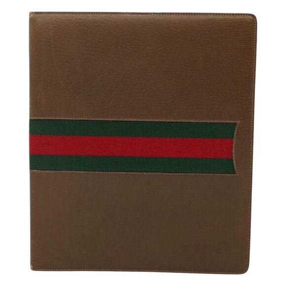 GUCCI Web Sherry Line Day Planner Cover Leather Red Brown Green Auth - Picture 1 of 16